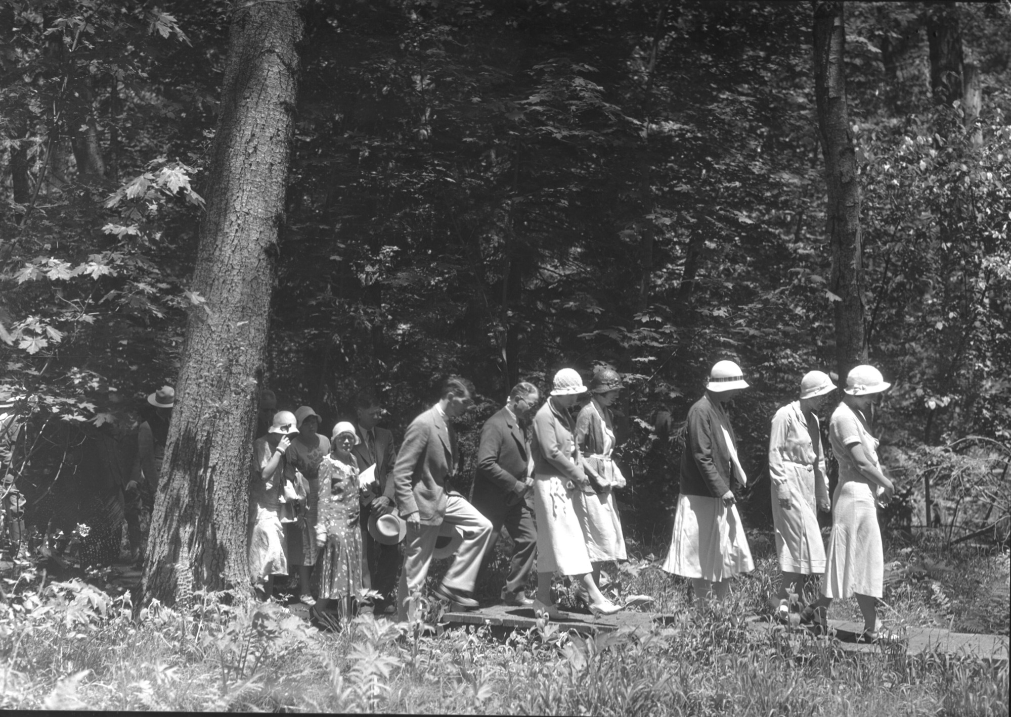Stephen Mather plaque dedication at Happy Isles. Don Tresidder & Mr. Phelps are the two men in the center.