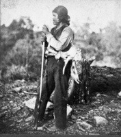 Copy Neg: July 1985 by Michael Dixon. Detail from L. Smaus stereo (RL-16,579). Caption: "595. Digger Indian Hunter." Captain John, a Nisenan chief (Southern Maidu group). Reproduced in: Powers, Tribes of California, 1877.