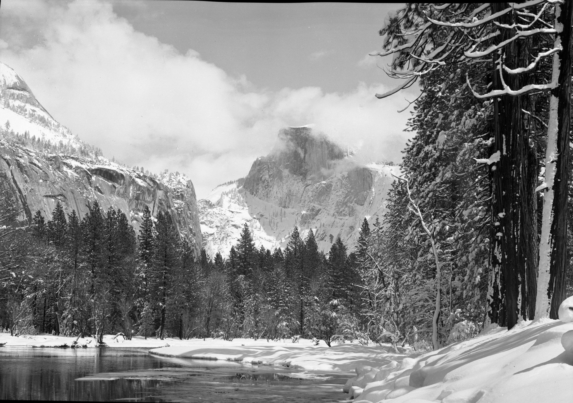 In winter with clouds.