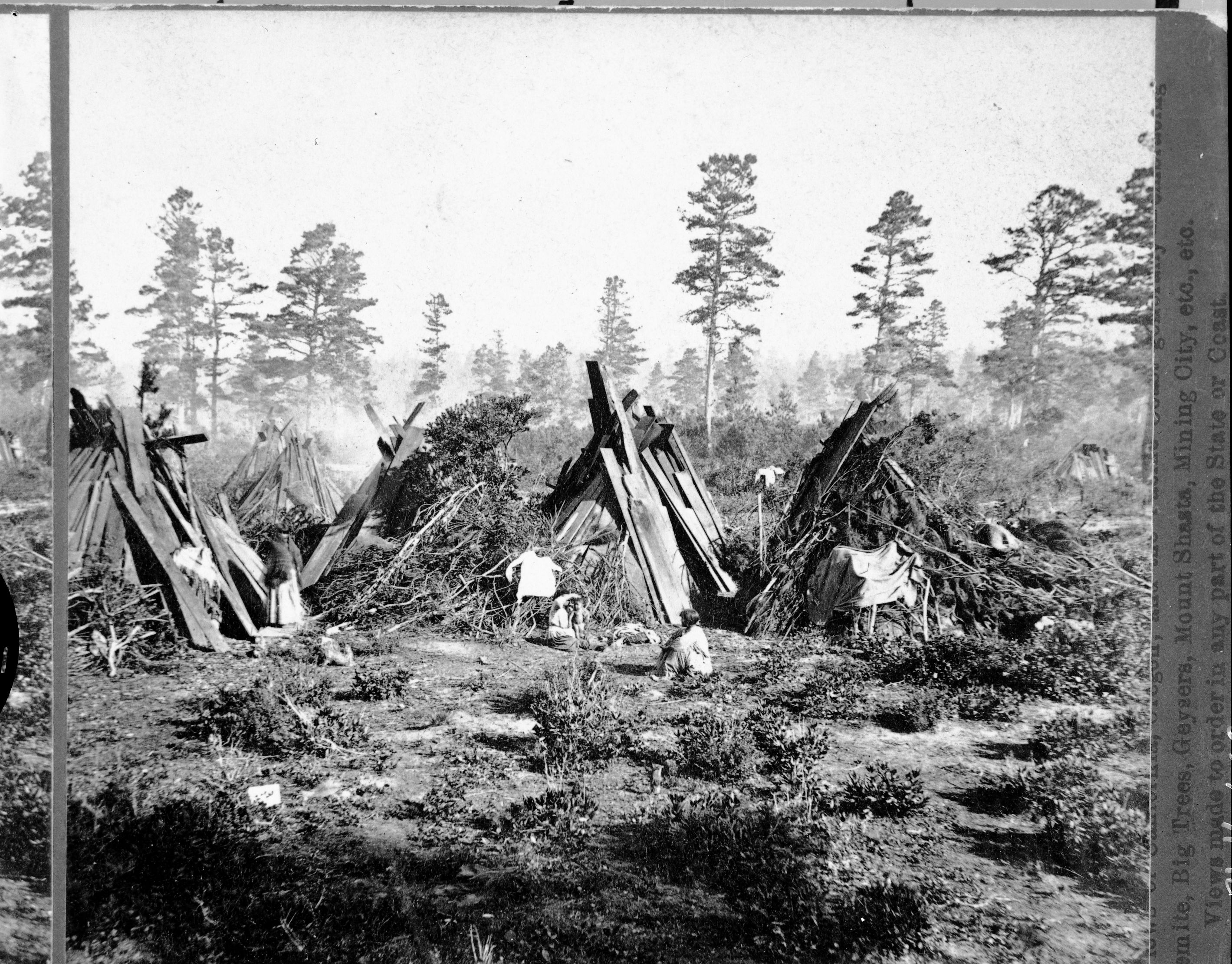 Watkins' Pacific Coast. Copy Neg: M. Dixon, 7/85. Detail of RL-16,599. View of a Native American village. Caption: "At the Rancherio, Mendocino County, California" Taken on Watkins' trip up coast. One of the earliest views of a group of Pomo people.