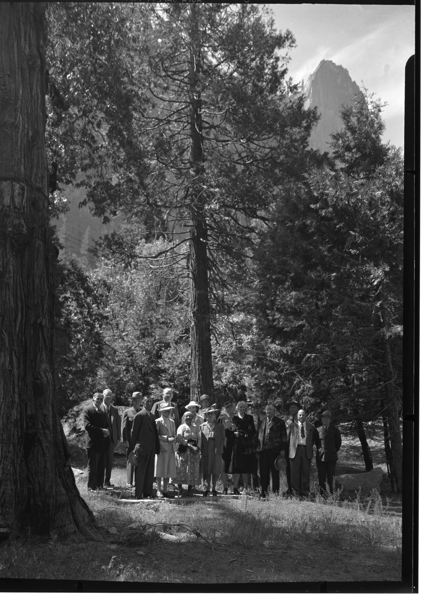 Old-timers at the site of Cedar Cottage, standing where the Big Tree room once stood, birthplace of Cosie Hutchings. / Standing in the front row, left to right: 1. Mr. Charles Leidig 2. Mrs. Cosie Hutchings Mills 3. Maggie Howard 4.