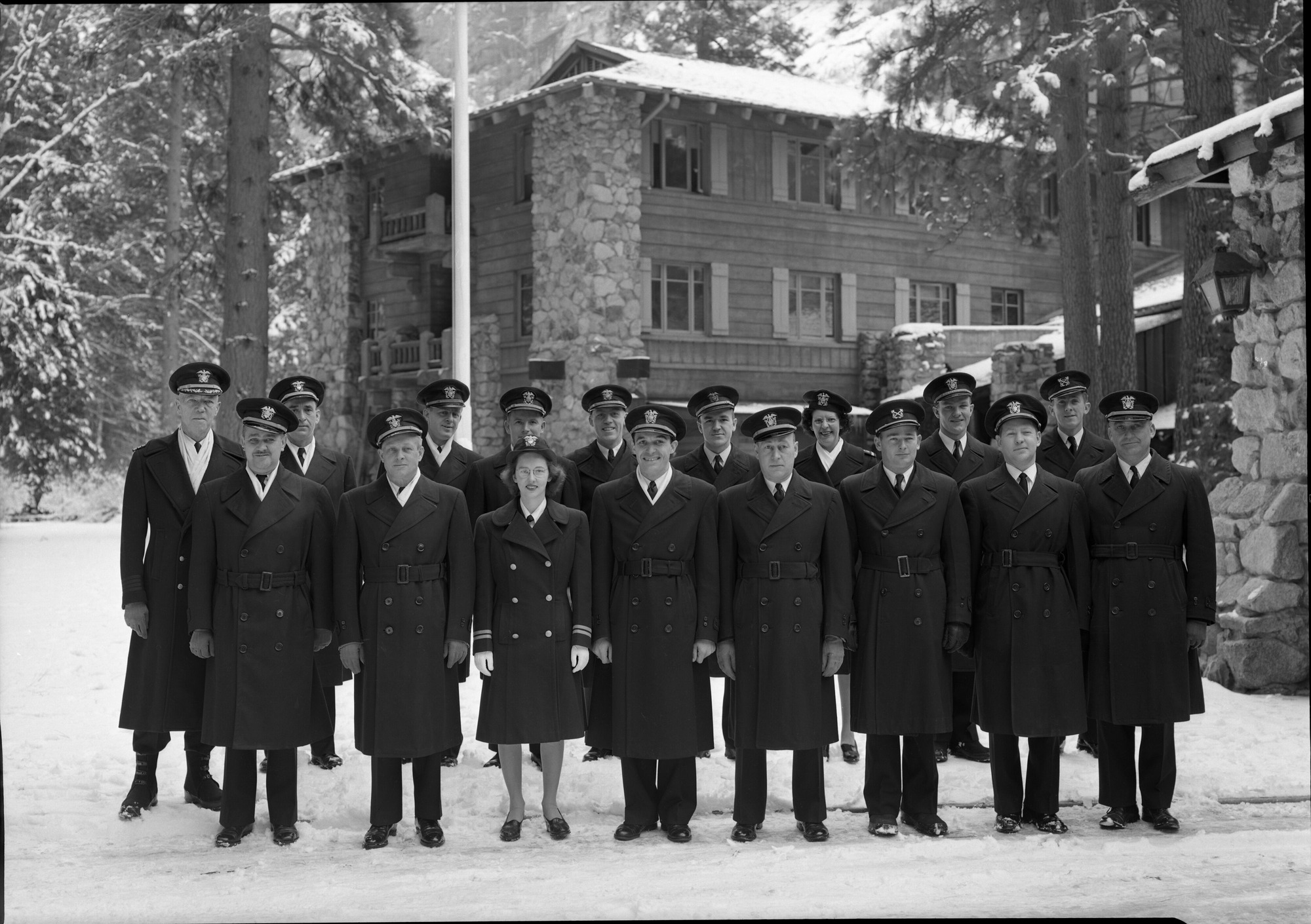 Military Group - Ahwahnee. Capt. R. Hayden; Lt. (JG) DF Shields; Lt. (JG) Scifers; Lt. (JG) O'Brien; Lt. K. Scott; Lt. Chesney; Lt. Margaret Clark; Lt. DM Nelson; Ch. parm. Sipe; Ens. Deterler; Pharm. Matson; Lt. F. Harris; Dr. Tepper; Pharm. J. Lilleg; Chap. Crouser.