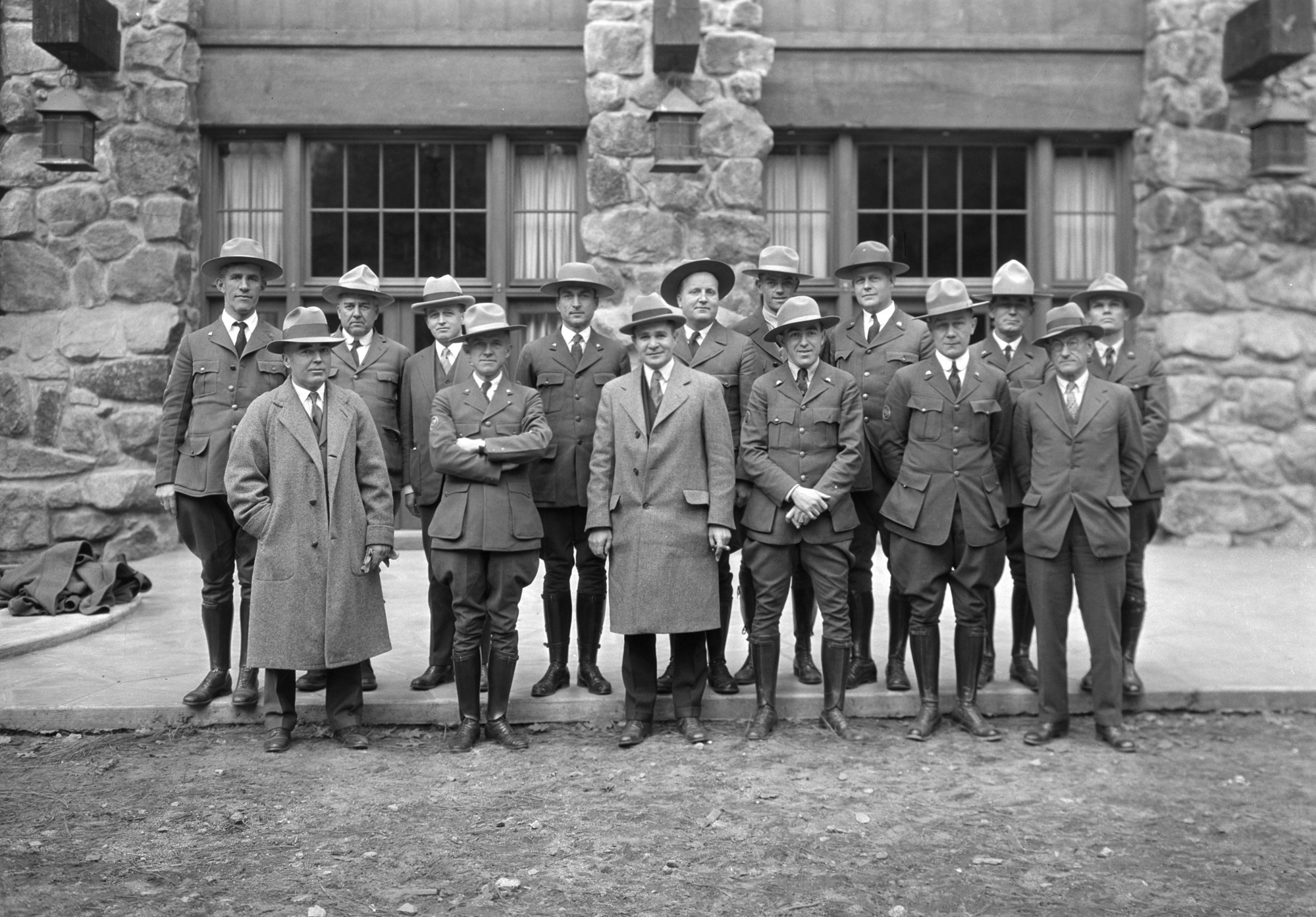 Park Superintendents in Yosemite. Mr. Mather's last Supt. Conference. Photo donated by Horace Albright, May 12, 1964. Front row L-R: Ross Eakin, Tillotson, Joe Bolten - Supt. Hot Springs, Joe Jaffe, Henry Karstem (?), Unidentified; Back row: Jesse Nusbaum, Tom Boles, Frank Kittredge, Owen Tomlinson, Elvind Scoyen, Lynne Collins, Toll, Pinkley, Merrill Daum- Assist. Supt. Yellowstone. Mr. Mather's last Supt's Conference. Photo donated by Horace Albright May 12, 1964.