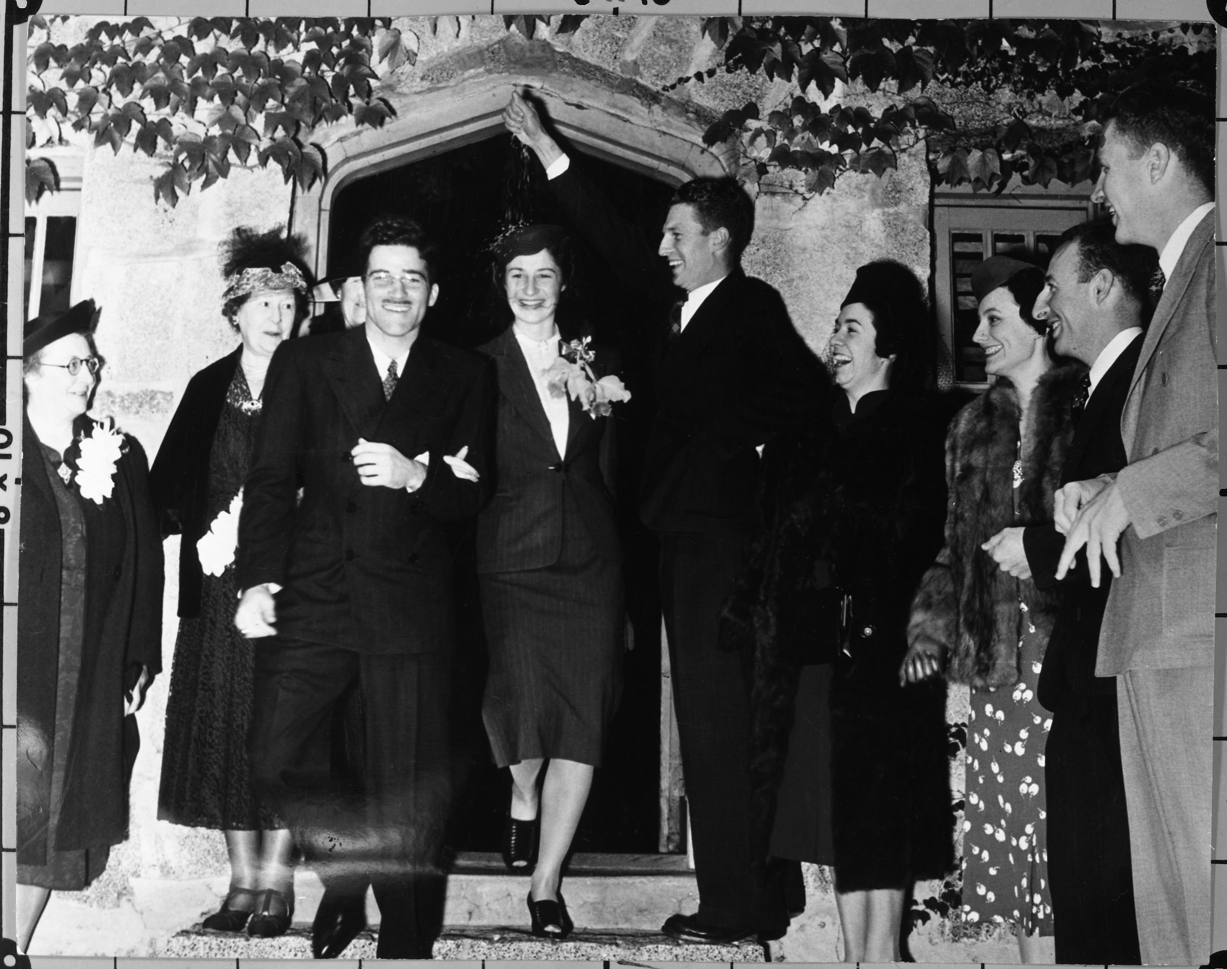 Wedding of Jean Muir Hanna (only grand-daughter of John Muir) to Eugene de Lipkau at the LeConte Memorial Lodge, Yosemite. At left: Wanda Muir Hanna. The 3 Hanna sons at the right of Jean - Bob Hanna & fiancee (?), Mrs. John Hanna, John Hanna, & "Strent" Strentzel Hanna.