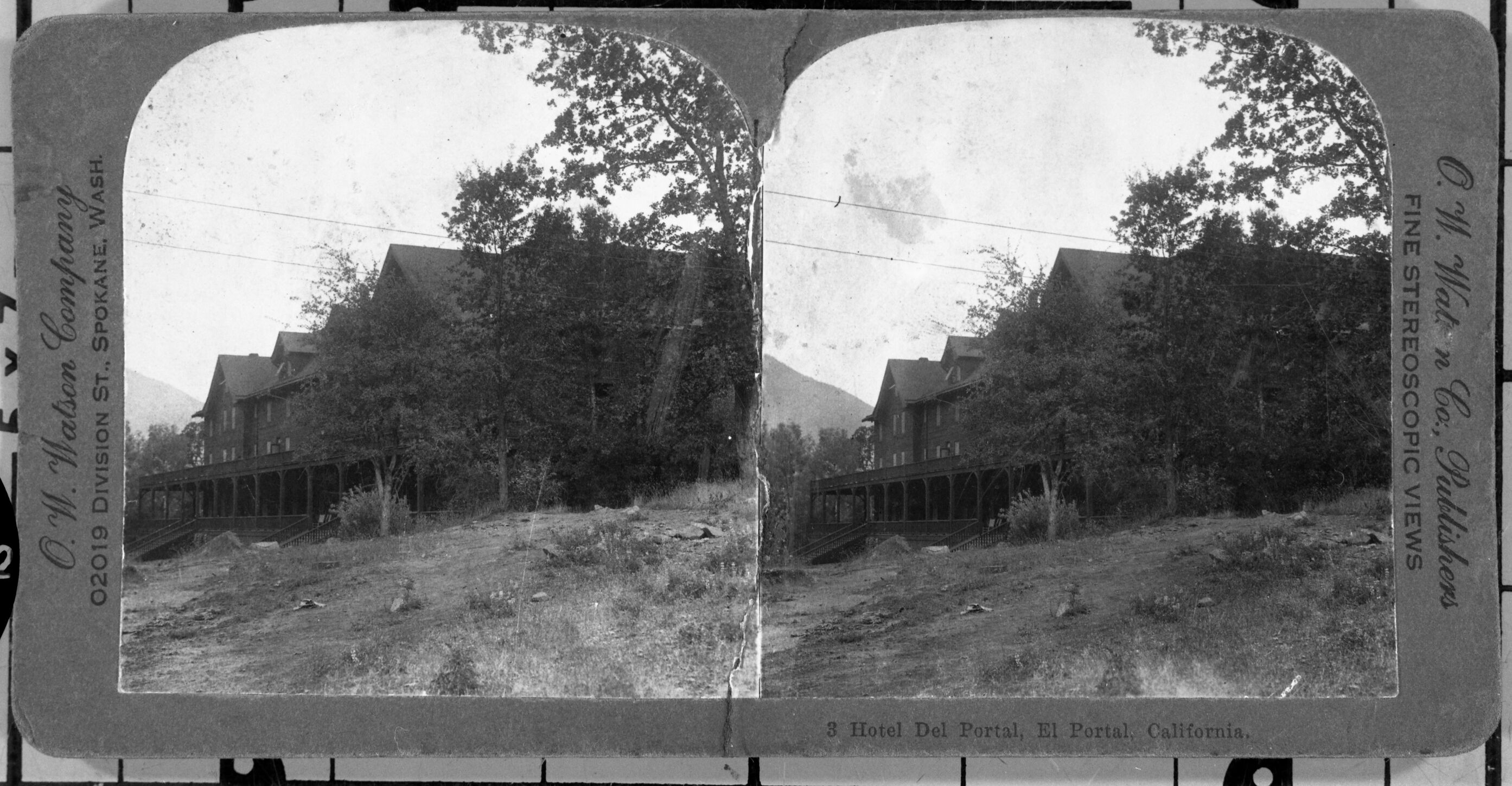 Copy Neg: July 1985 by Michael Dixon. Stereo card from L. Smaus Collection. Original card sepia toned prints on grey card. "3. Hotel del Portal, California." For detail, see RL-16,513.