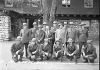 Superintendents and Rangers Fire Conference. WITH HATS ON-LEFT TO RIGHT Back Row: Finn, Muir Woods; Buckley, Silver Creek R.D.A; Goodwin; Fisher, Lava Beds; Drury; White; Tomlinson; Leavitt; Macy; Preston. Front Row: Pearson; Frank Kittredge; Jimmy Lloyd; Cole; Gibbs, Mendocino Woodlands; McCarthy, Craters of the Moon