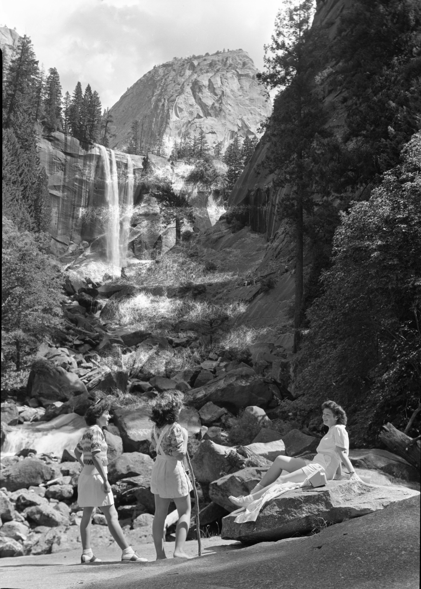 Vernal Fall with 3 girls in foreground. Left to right: Dorothy Valente, Anne Vernetti, Bee Gonella.