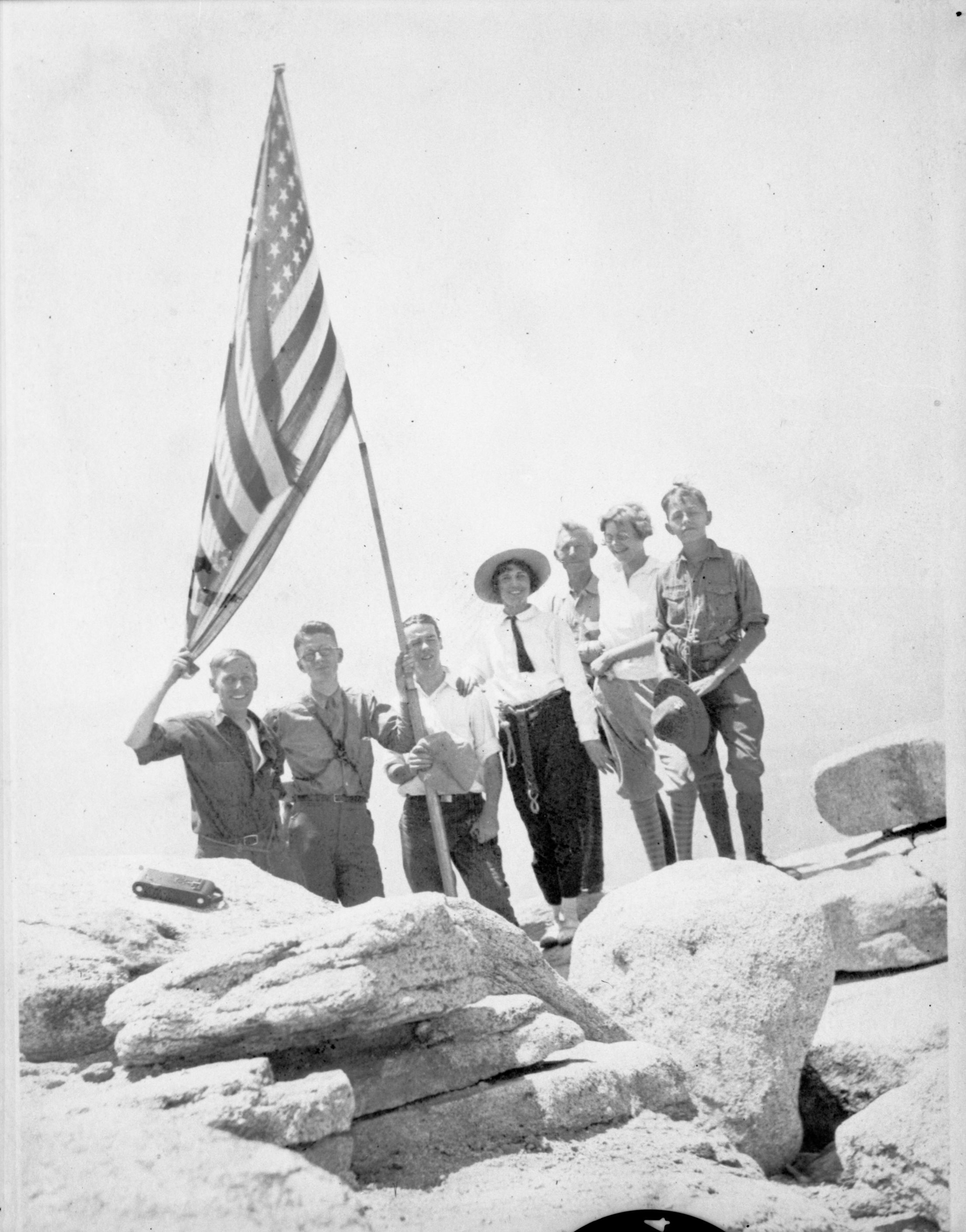 Group on top of Half Dome (RL 16,410 is same group ascending cables). Copied from print loaned by Mrs. Wallace (see loan card). copied by Michael Dixon,  copied October 7, 1985.