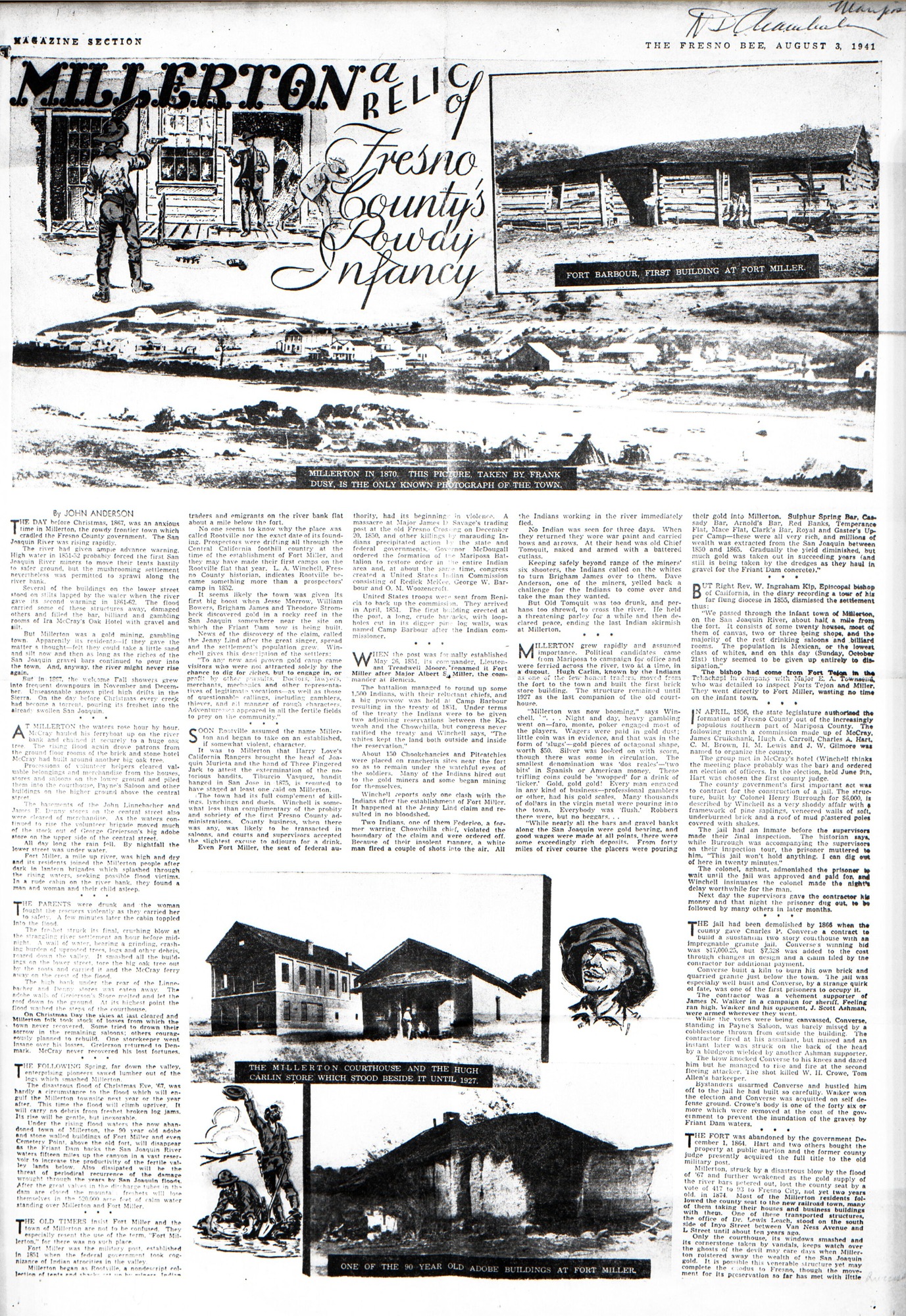1941 Fresno Bee newspaper, concerning Millerton.