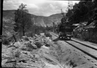 Motor rail car - Hetch Hetchy in background.