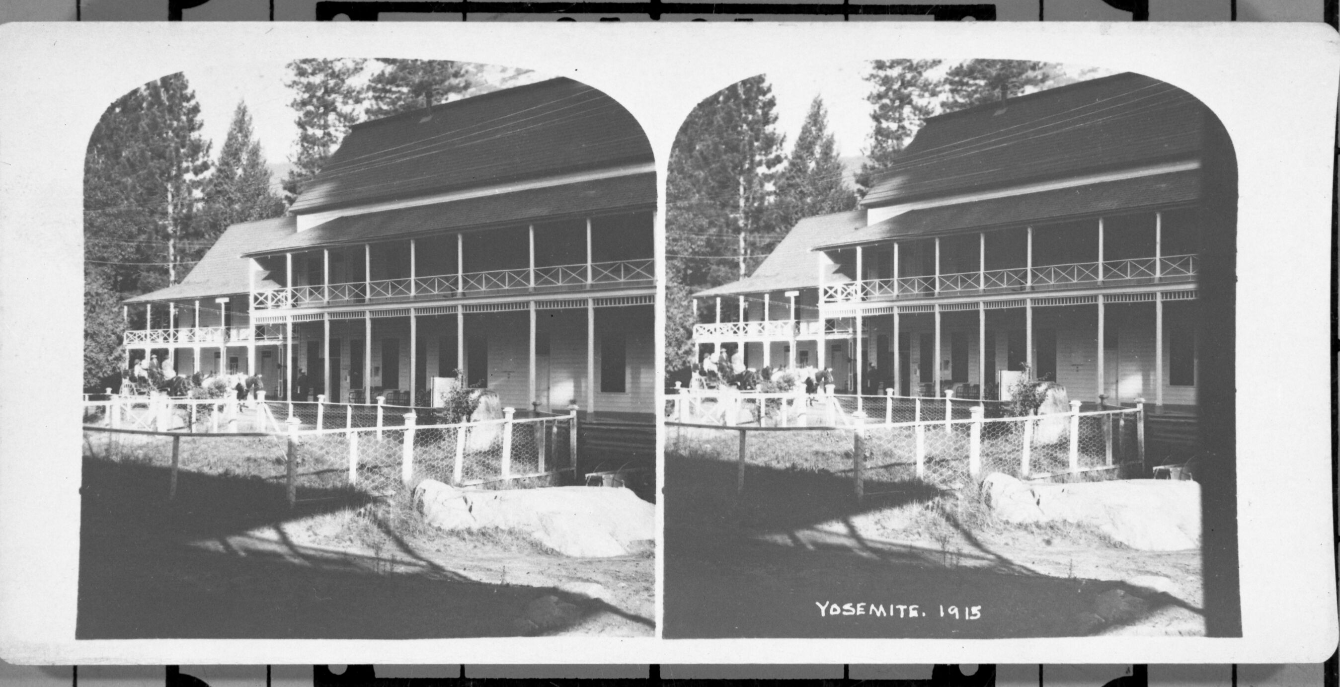 From L. Smaus Collection. Original card has Sepia toned prints printed directly onto card. Caption: "Yosemite, 1915." Sentinel Hotel and River Cottage in Old Village. Detail RL-16,448.