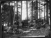Survey party in camp. Yosemite - 1867. Copied from Francis Farquhar's collection in May 1951 by Ralph H. Anderson. Also in the Hood's photo copy file - Roll 86. Frame 29.