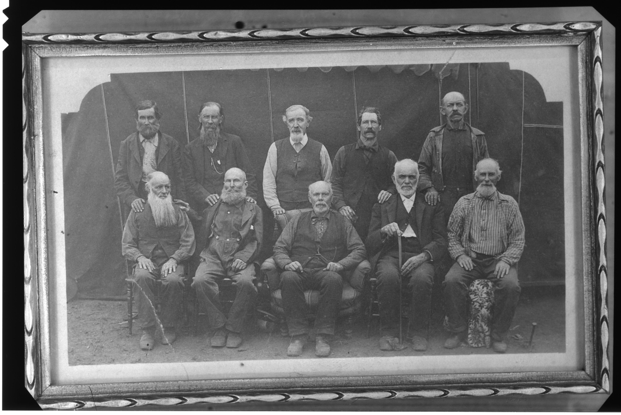 A reunion of Big Oak Flat Road '49ers. Published in "The Big Oak Flat Road to Yosemite" by Iren Paden and Margaret Schlichtmann on P. 166. Top Row, left to right: George F. Culberston of Moccasin, Nathan Screech of First Garrote, Barna Fox of Big Oak Flat, Jack Bell, and Caspar Cook. Lower row, left to right: James A. Chaffie of Second Garrote, Jason P. Chamberlain of Second Garrote, James Ballentine, Tom Maxey, who participated in the first Indian trouble in Boa Oak Flat during Savage's Time (Savage's Diggings), and Winslow Hubbard. Also on the envelope: "From Frank Taylor"