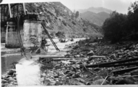 Yosemite Valley railroad. Bagby Bridge washout - 1937 flood.