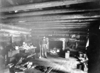 Written in script at the bottom: "the guardians Log Cabin Wawona Big Tree Grove" It can be read on the negative.