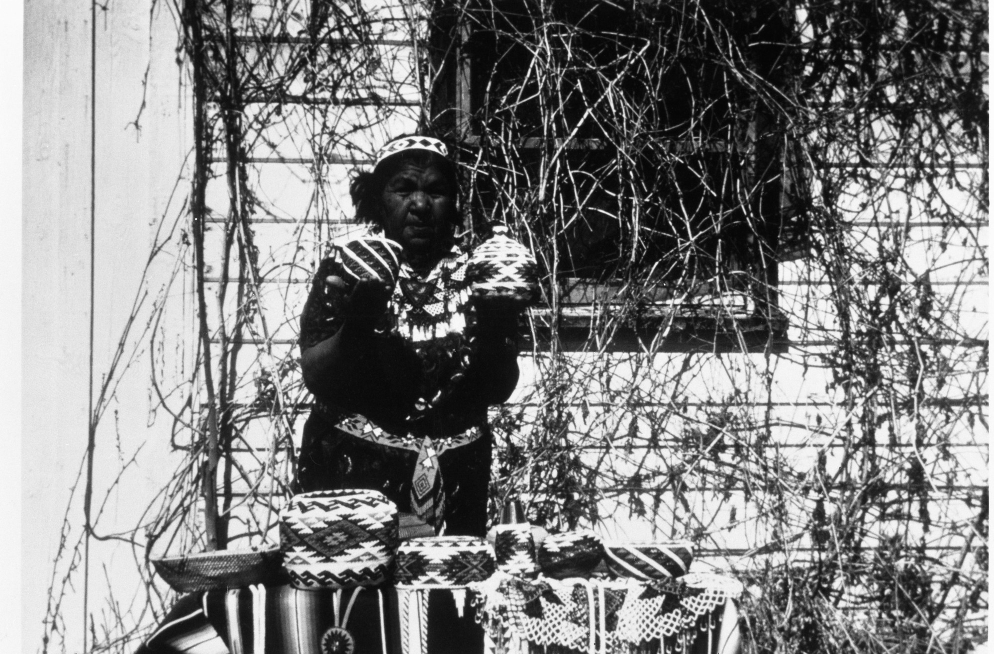 Mary Wilson posed with her beadwork. Schurtz, Nevada. Copied by M. Dixon- Dec. 1982