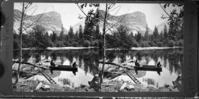 Copy Neg: Leroy Radanovich, October 2001. Stereoview. 7375 Trout fishing. Mirror Lake. American Views. Yosemite Valley, Cal.