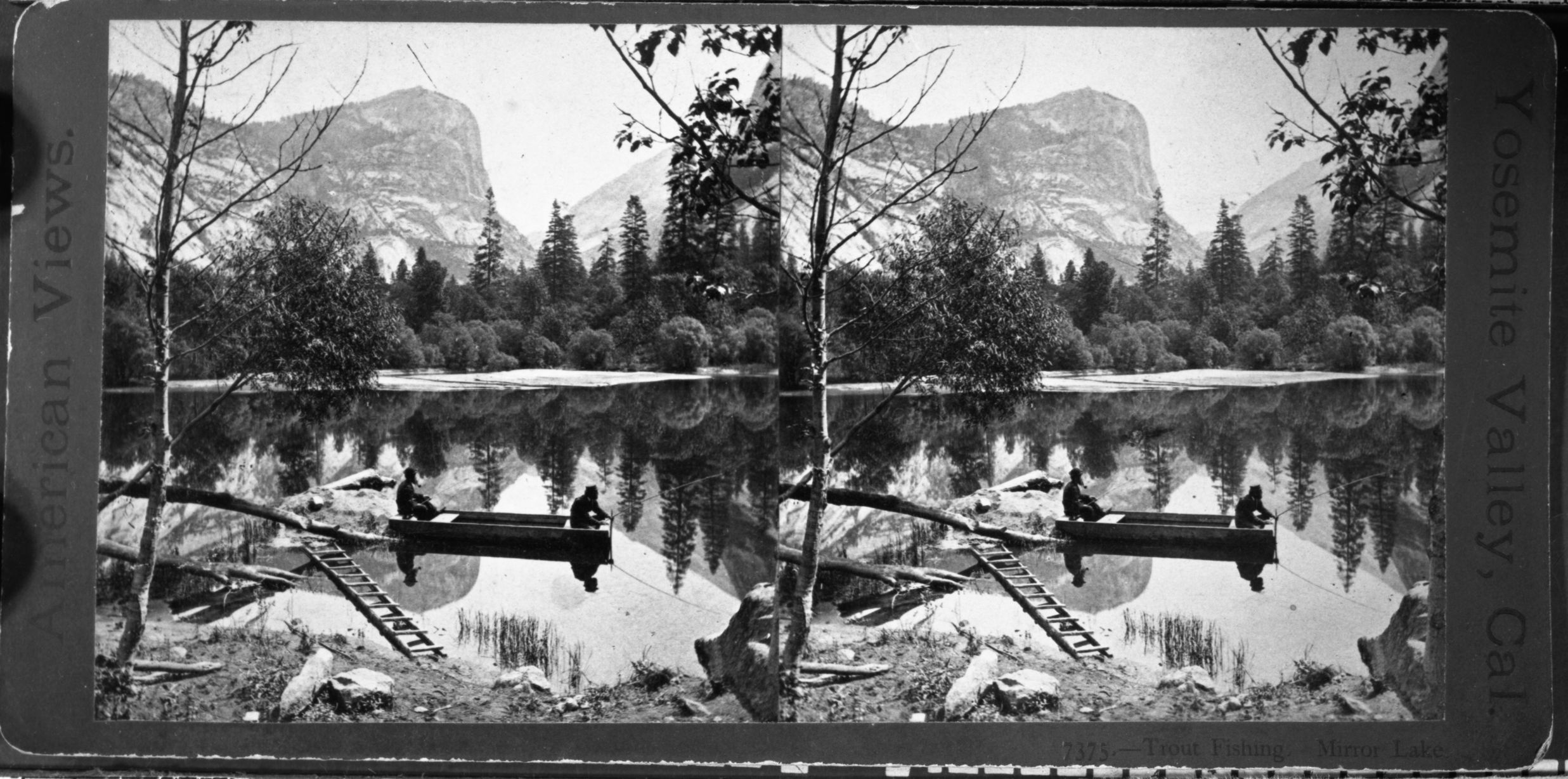 Copy Neg: Leroy Radanovich, October 2001. Stereoview. 7375 Trout fishing. Mirror Lake. American Views. Yosemite Valley, Cal.