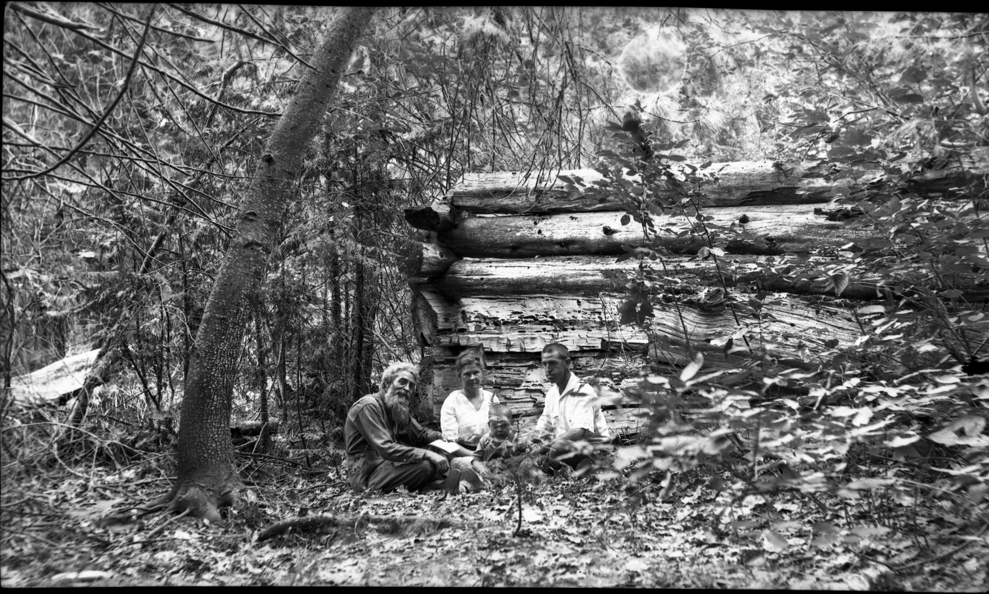 Lost Muir Cabin on Tenaya Creek. George Wharton James seated with Dr. Usher, Usher's wife and child. (copy neg of museum #18,564)