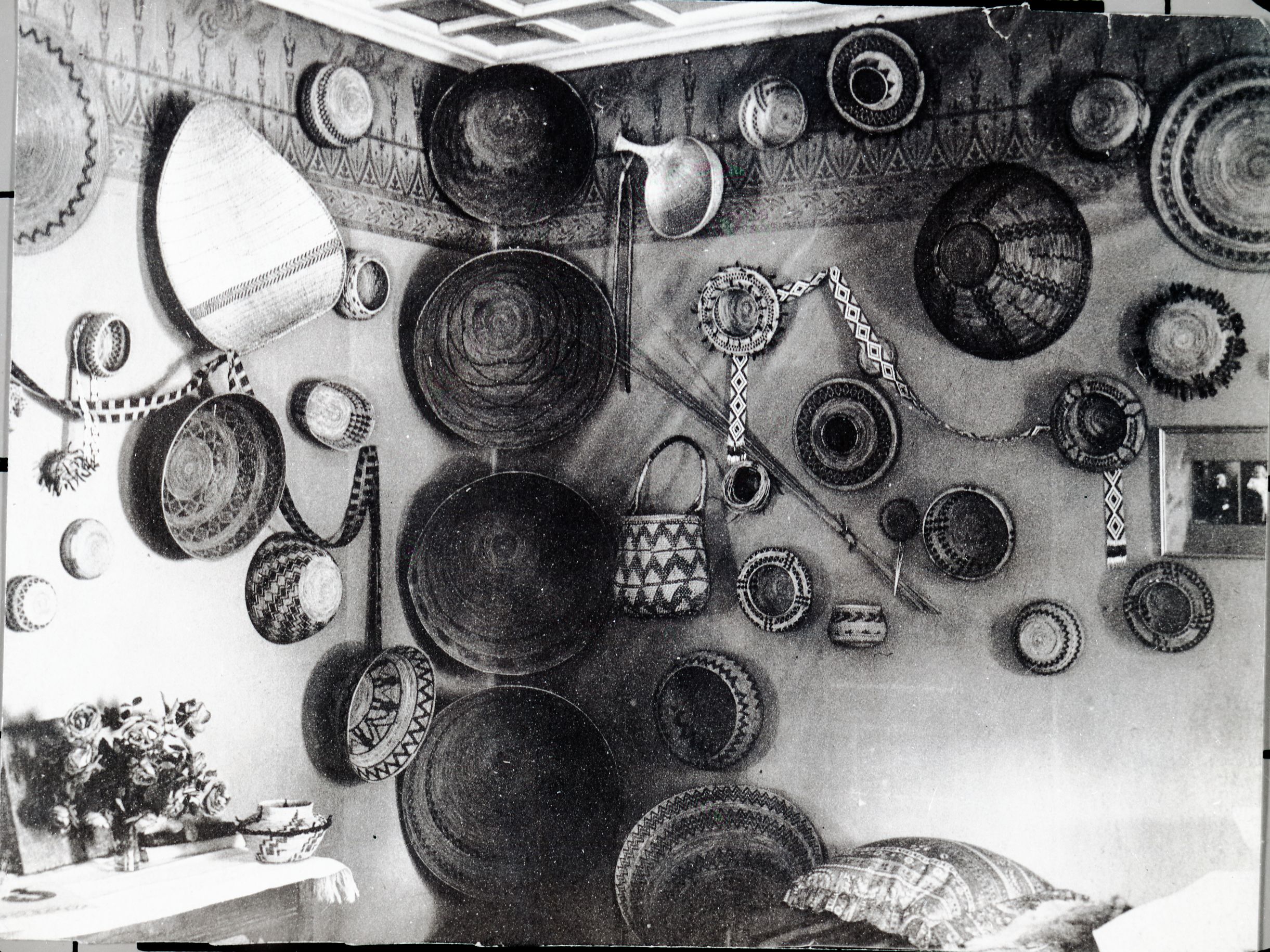Basket collection of Mrs. Etta Grace (Wm.) Sell, Sr. Made in the Yosemite-Ahwahnee region. Photo courtesy of her daughter, Mrs. Elenor Sell Crooks.