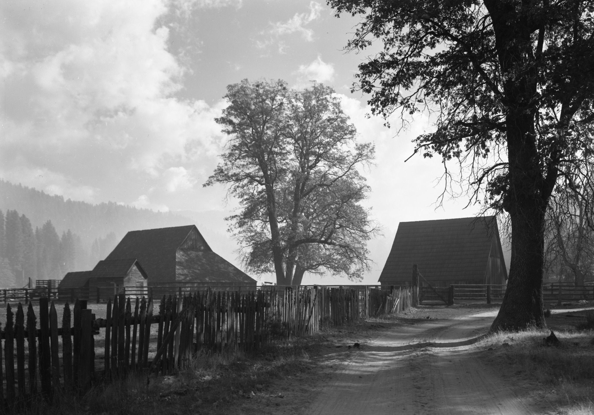 Myers Ranch in morning light. Smoke of fire fill air in the distance.