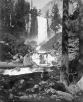 Vernal Fall from below; river in foreground. Caption on bottom of print: "C. R. Savage, Salt Lake; Vernal Fall 336 feet, Yosemite, CAL". Copied from a print in a photo album by M. Dixon. An original print is in Yosemite Collections cat. no. 21,943. Note: C. R. Savage, Salt Lake, appears several times in hotel register for the Big Tree Station, 1879. Yosemite Collection cat. no. 34898.