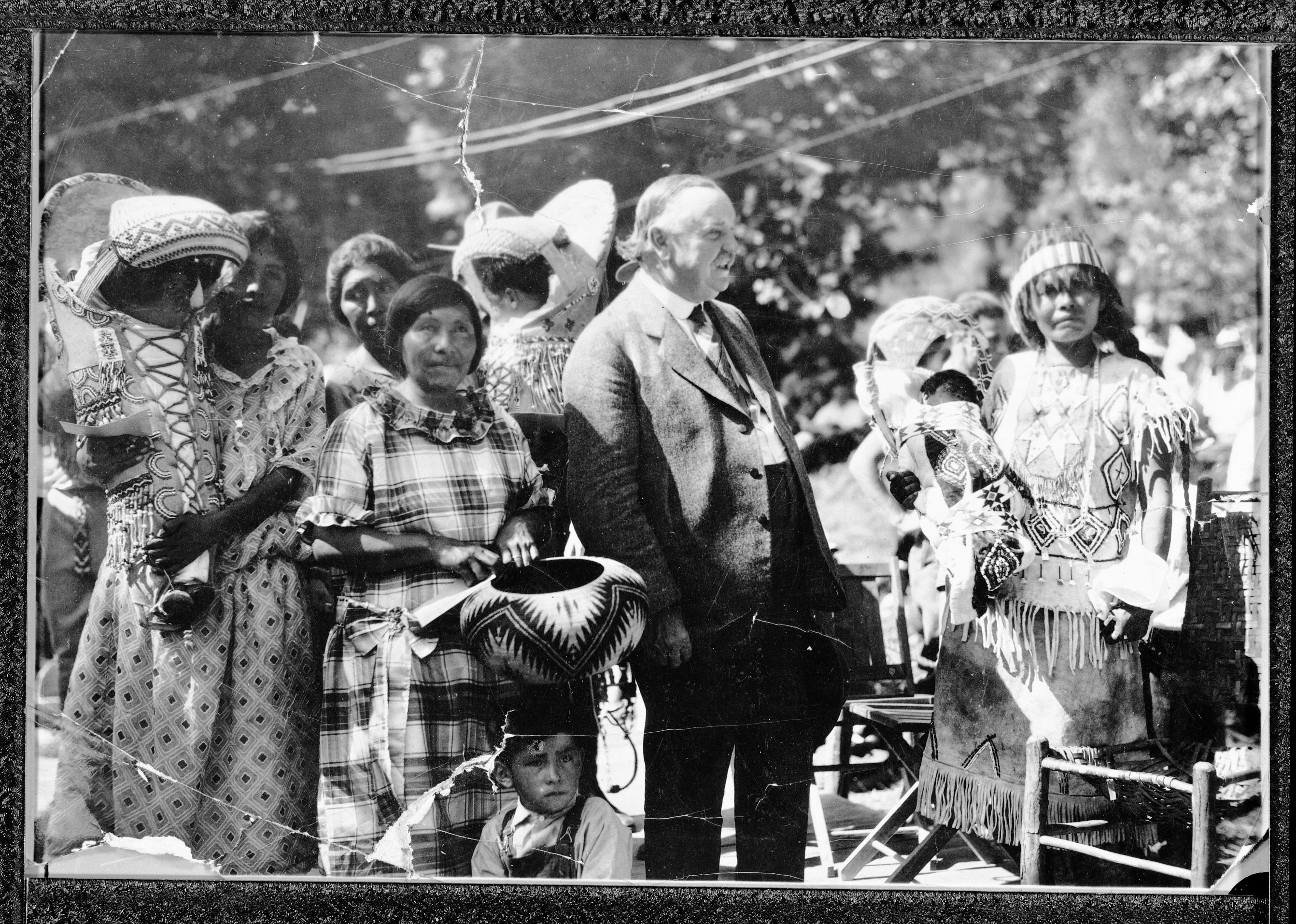 Gov. Richardson of California next to Lucy Telles at 1926 Indian Field Days, Yosemite Valley. Others unidentified.