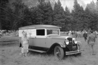 The Queen - "White Fawn" [Hazel Hogan at 1929 Yosemite Indian Field Days, standing next to an announcement car supplied for the event by Standard Oil, September 1929].