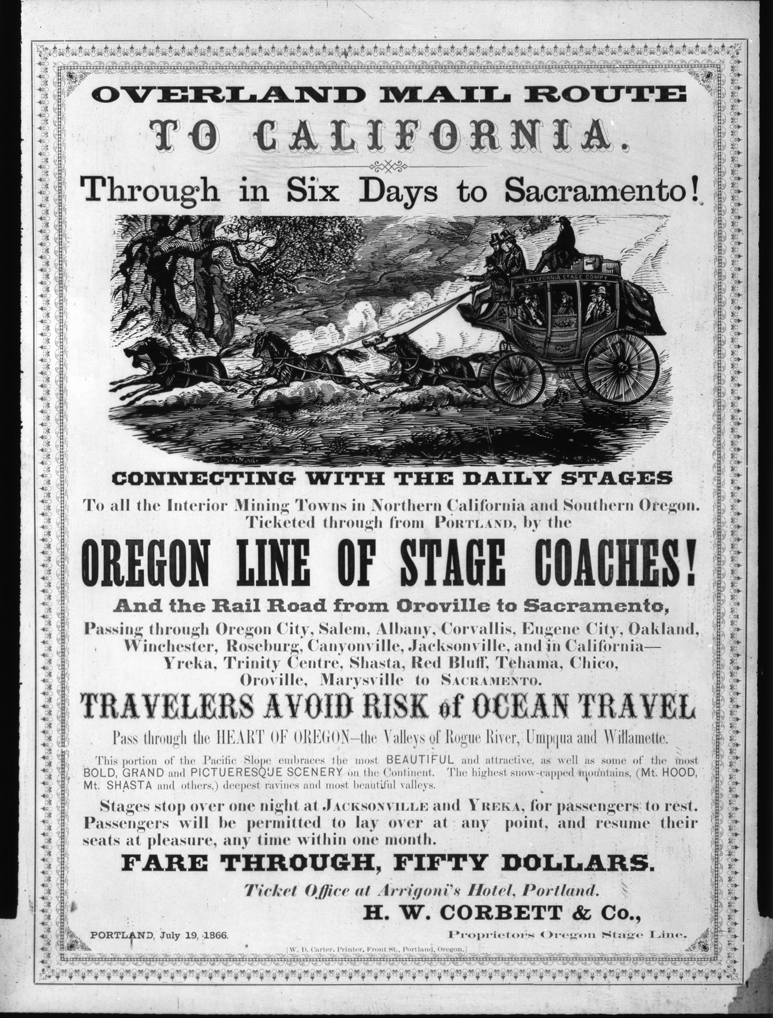 Overland mail route to California through in six days to Sacramento. Poster advertising Artist: Keith (?). Donated by Mr. Drummond. Requested by Sackett May 4, 1938; Photographed by Orr May 17, 1938.