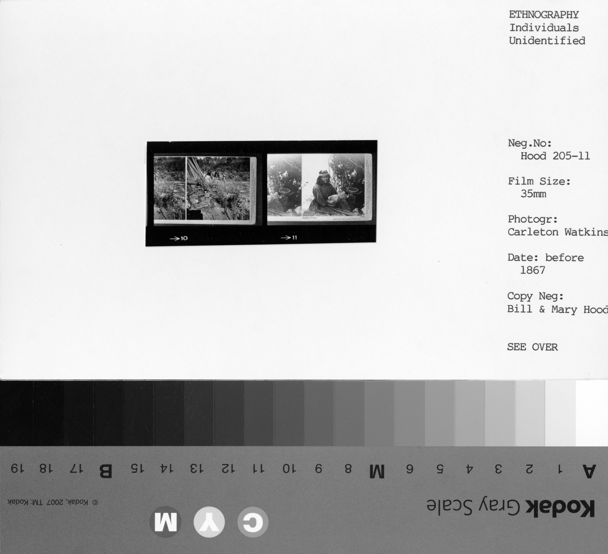 Copy Neg: Bill & Mary Hood. Early photograph of a Yosemite Native American woman holding a child in a cradlebasket. An unfinished coiled basket is in the background. Used in Traditions & Innovations (P. 131, Fig. 244).