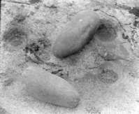 Indian mortar holes & pestler (Pate Valley) gray granite. 1934 Yosemite Field School.