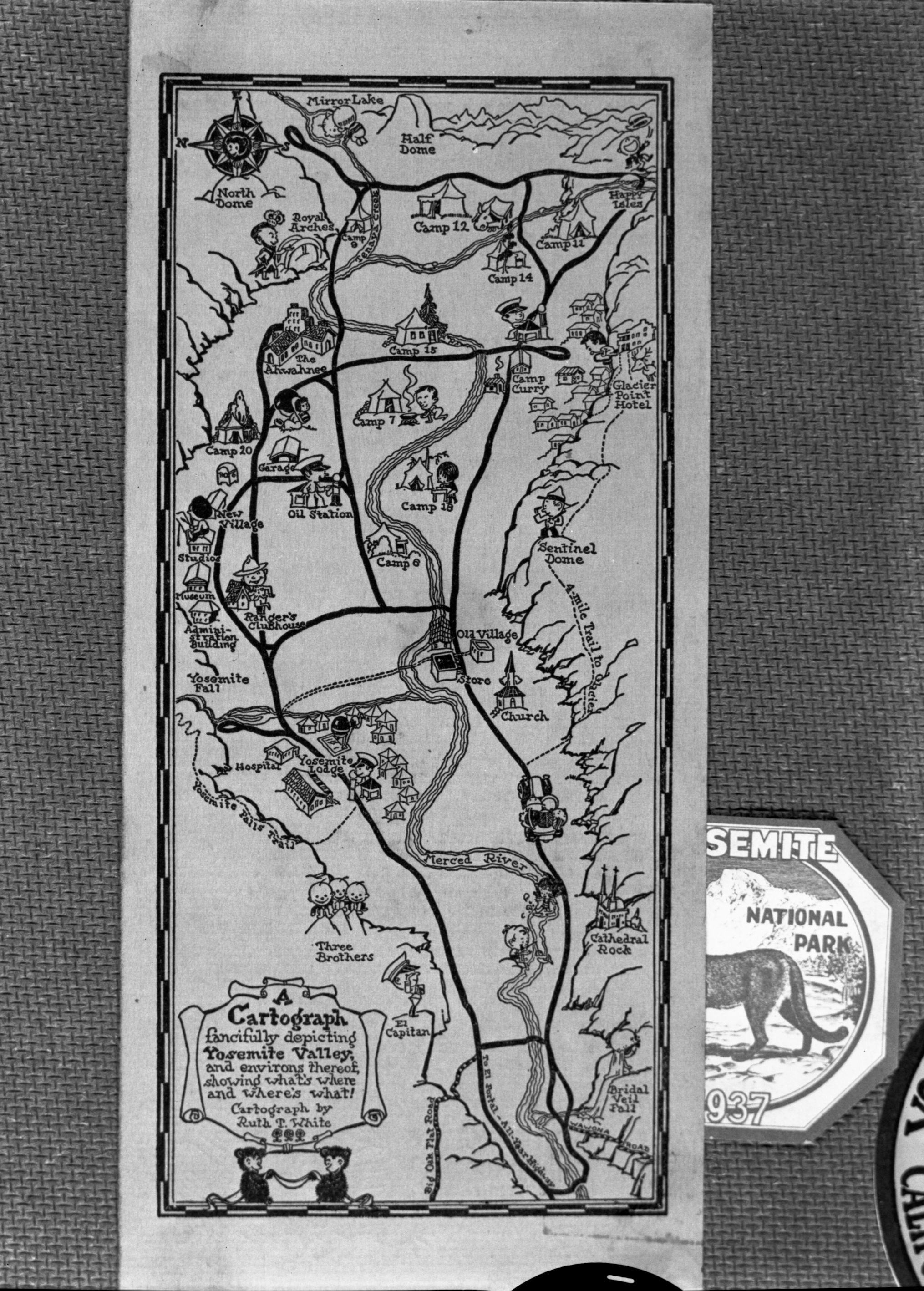 A cartograph of Yosemite Valley. Copied from Art Holmes album (NPS employee). Copied September 1983 by Michael Dixon.