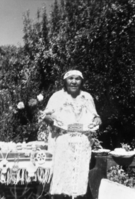 Mary Wilson, Paiute, Schurtz Nevada, Posed with her beadwork. Copied by M. Dixon-Dec. 1982