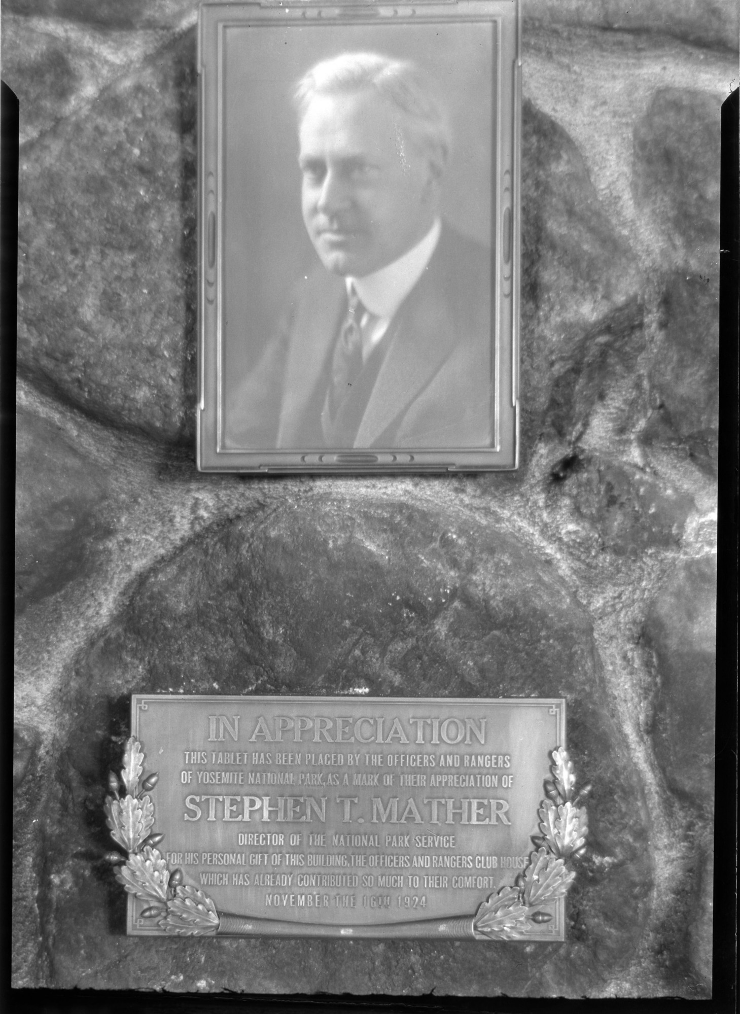 Portrait of Stephen Mather. Portrait with Ranger Club plaque. Cross Ref: Ranger Club Plaque/Signs