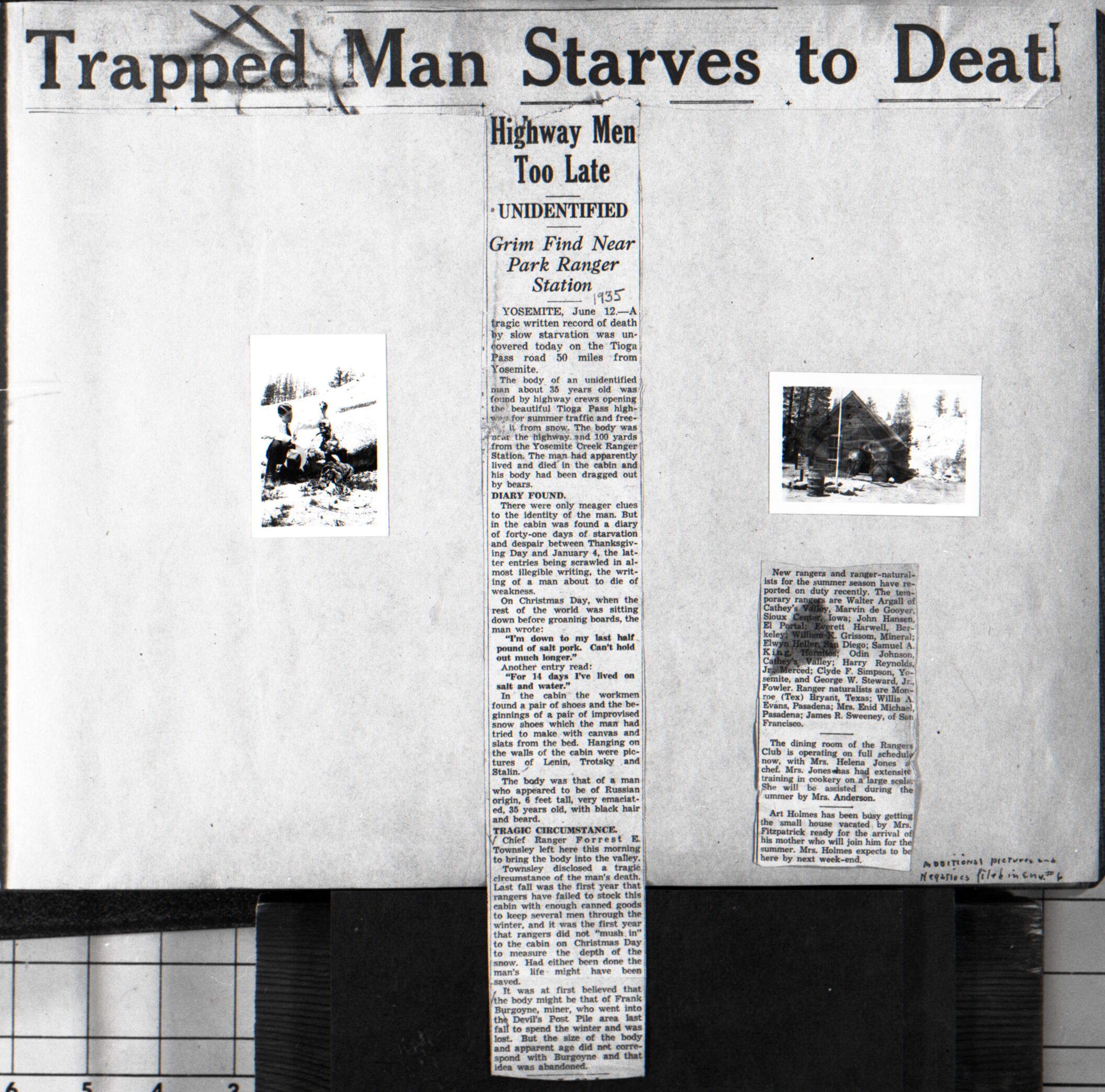 Newspaper articles about the starvation death at Yosemite Creek Ranger Station and incoming rangers for the season. Copied from Art Holmes photo album (NPS employee)