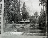 Detail of stereo (RL-16,423) from L. Smaus collection. Captioned: "7334 - Sentinel Rock, 3,720 ft. high. View from Hutching's Hotel and Merced River." copied by Michael Dixon, copied July 1985