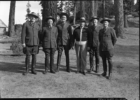 General Somoza with rangers at Glacier Point. Left to right: Chief Ranger Townsley, Ranger Cliff Anderson, Ranger Jerry Mernin, Gen. Somoza, Pres. of Nicaragua, Gil Waterman, temp. ranger, John Wosky, Asst. Supt.