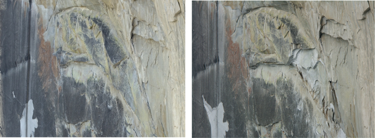 Before and after photos of a rock fall source area. The after photo reveals a lighter colored region where the rock sheet detached.