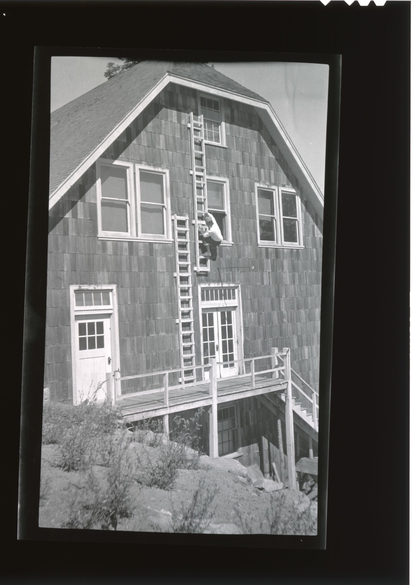 Demonstration of fire escape at Glacier Point Hotel.