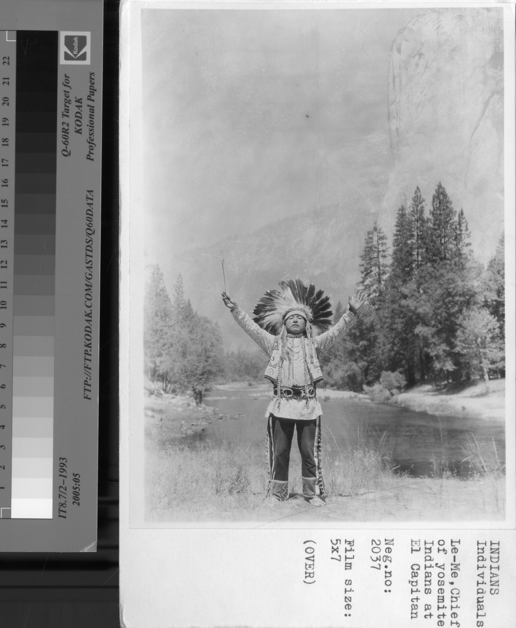 Le-Me, Chief of Yosemite Band, at El Capitan. YOSEMITE, JULY 16 [34]. Lemme, Chief of the Yosemite Band, at the base of El Capitan, Yosemite, the scene that his great white chief in Washington has printed on hundreds of thousands of 1-cent stamps, the first of the new national parks issue. Ten extra men worked for six days at the Yosemite Post Office to complete first day cancellations on 300,000 1-cent stamps, as many 1-cent stamps as are ordinarily sold during half a year at the Yosemite Post Office. To U. P.
