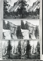 [On negative folder]: Yosemite Falls (from Stoneman House); Union Rock & Bridalveil; Galen's Hospice -- Cabins; Mariposa Grove Cabin; Waterfalls; Yosemite Falls; Watkins; Bridalveil. Photographer: Carleton E. Watkins?