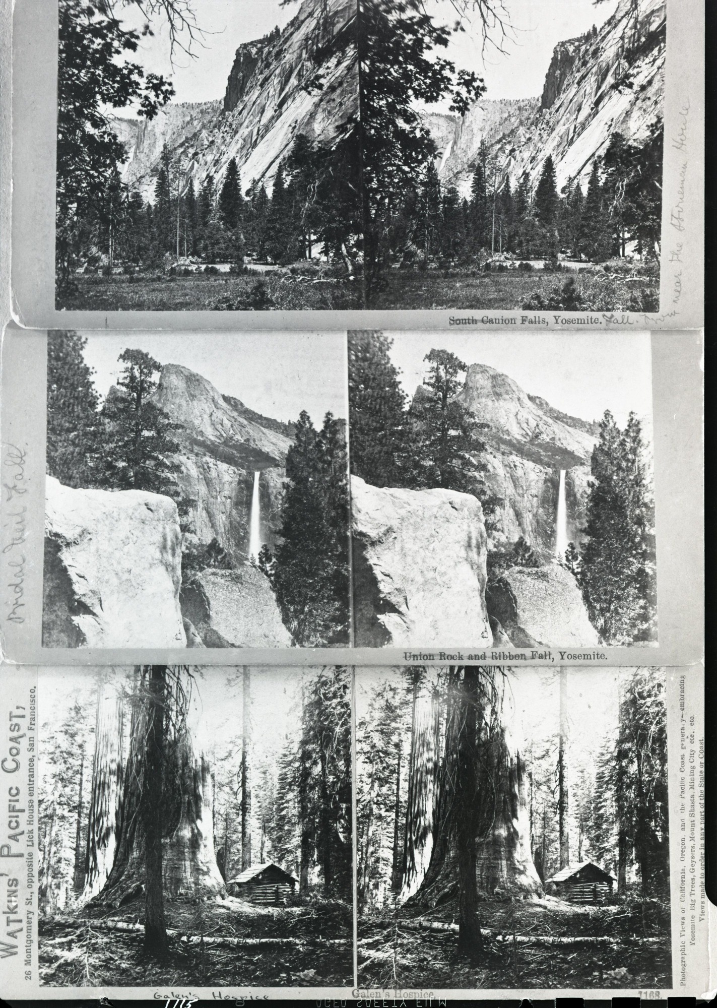 [On negative folder]: Yosemite Falls (from Stoneman House); Union Rock & Bridalveil; Galen's Hospice -- Cabins; Mariposa Grove Cabin; Waterfalls; Yosemite Falls; Watkins; Bridalveil. Photographer: Carleton E. Watkins?