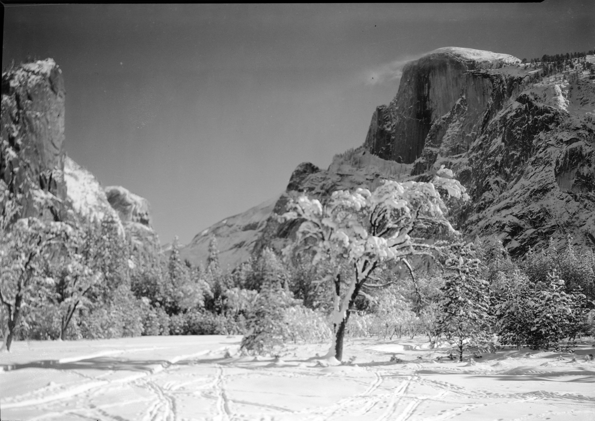 Snow blowing off Half Dome. (Cropped section of negative).