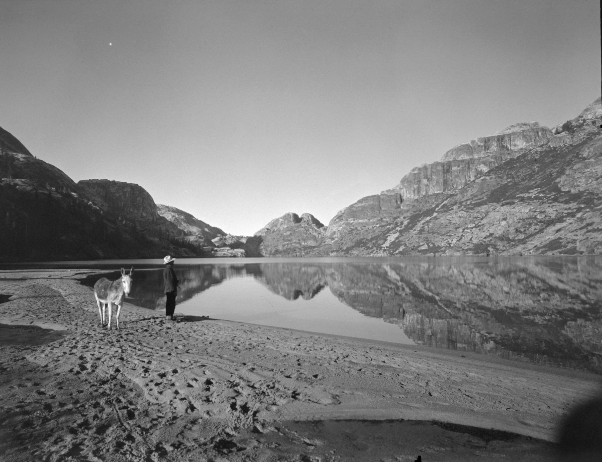 Taken early in am for reflections. Geo. W. Smith of Fresno with burro.