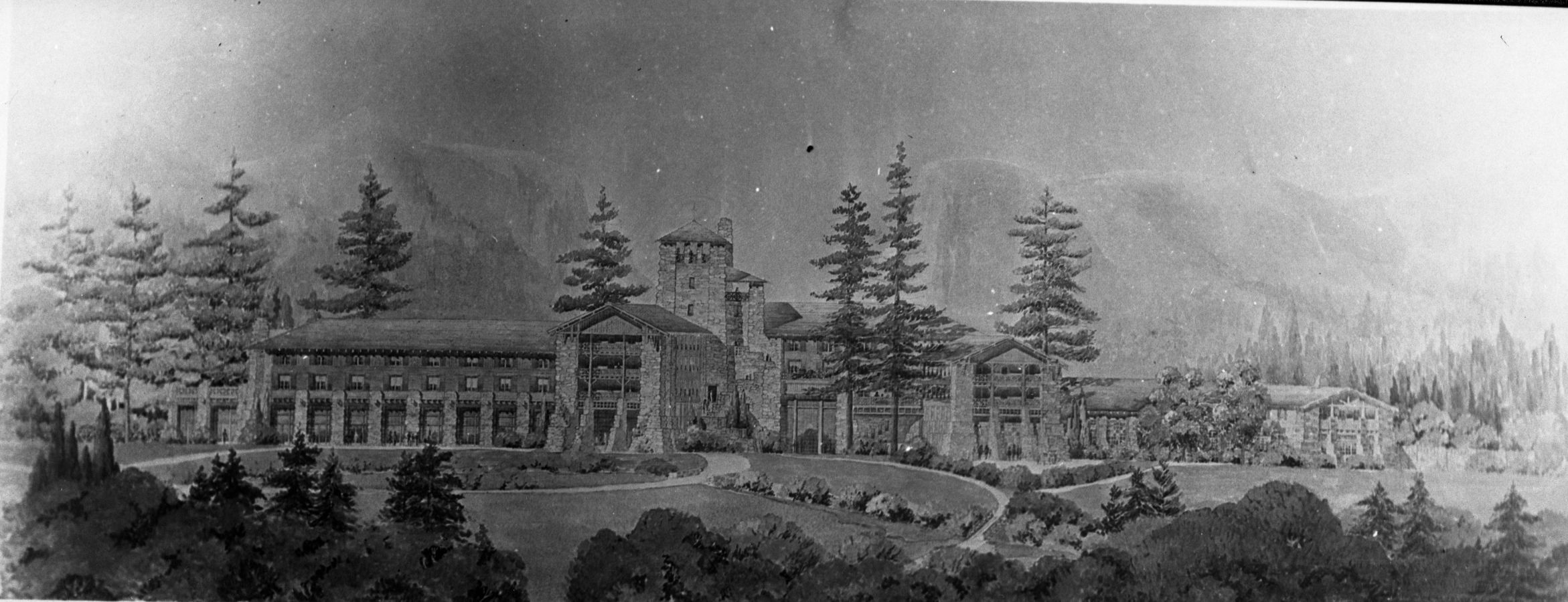 Original drawing for Ahwahnee Hotel by Gilbert Stanley Underwood. copy neg.