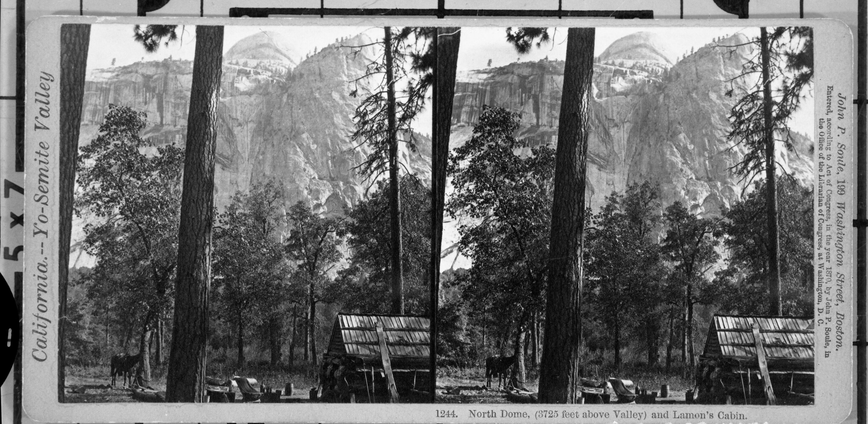 Copy Neg: July 1985 by Michael Dixon. Stereo from L. Smaus Collection (original card yellow with sepia-toned prints). Written on back: "Looking North-easterly". Caption: "1244. North Dome, (3,725 feet above Valley) and Lamon's cabin."