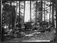 Copy photo of Survey Party in Yosemite high country in 1867. Original owned by Francis P. Farquhar, 2930 Avalon Ave. Berkeley, CA. Brewer at right - not correct, not Brewer - in 1867, Brewer was at Yale. State Geological Survey Party, p. 25, Man & Yosemite by Ted Orland. copied by Ralph H. Anderson. copied January 1950.
