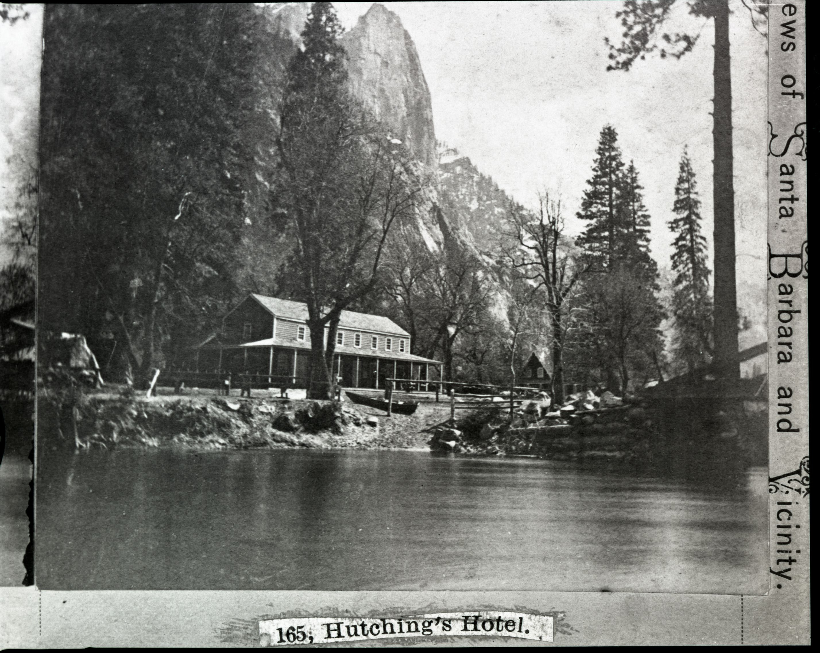 Detail of stereo (RL-16,413). Caption: "165. Hutching's Hotel". Merced River in foreground.