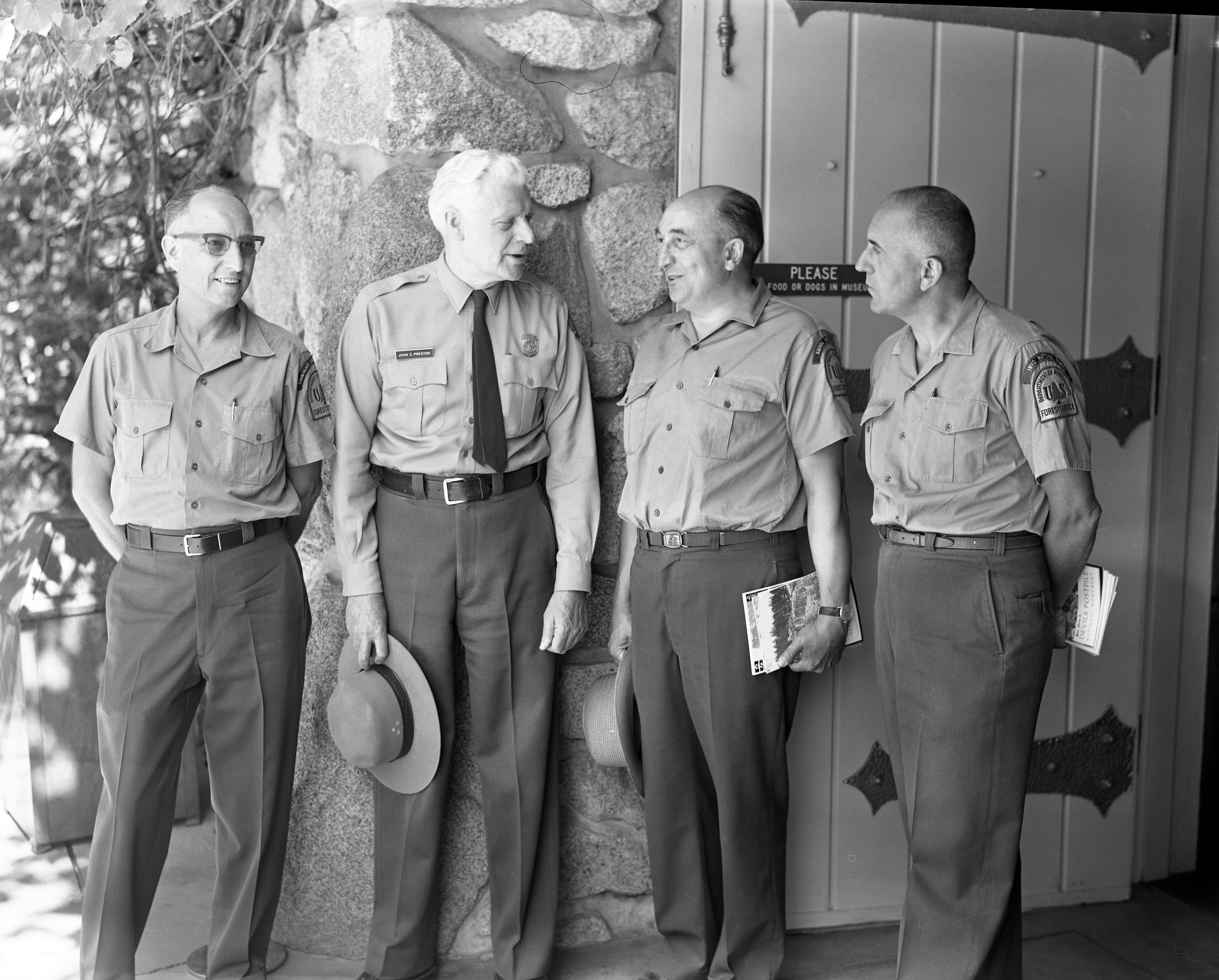 Supervisors meeting in Yosemite. L to R: USFS Supr. Harry Grace, Stanislaus Nat'l Forest; John C. Preston, Supt. Yosemite; USFS Supr. Walter Puhn, Sierra Nat'l Forest; USFS Supr. Joe Redel, Inyo Nat'l Forest
