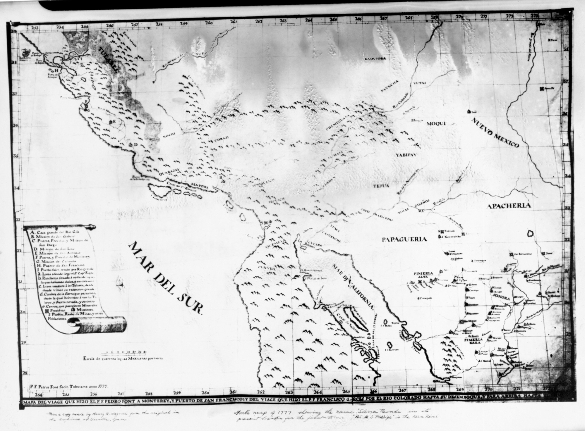 Font's map of 1777. 1st labeling of Sierra Nevada. Made for the Smithsonian Institution. copied 1930